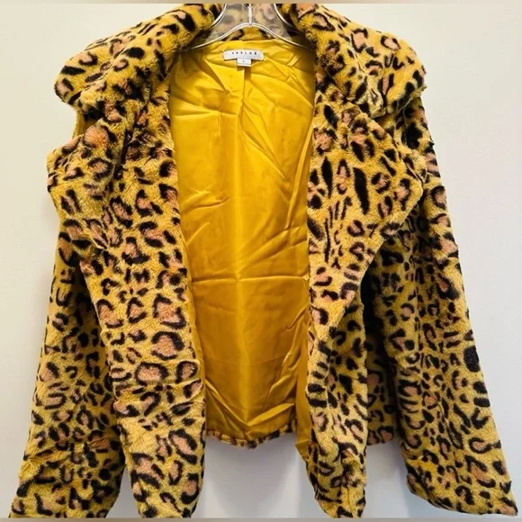 Leopard Print Sherpa Big Collar Jacket Mustard Lining Women Size Large NWT - Picture 4 of 9